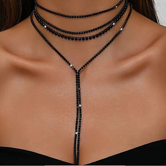 Black Crystal Y Lariat Choker Matching Earrings Rhinestone Necklace New Years - Picture 4 of 10